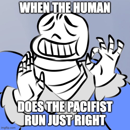 Sans Perfection | WHEN THE HUMAN; DOES THE PACIFIST RUN JUST RIGHT | image tagged in sans perfection | made w/ Imgflip meme maker