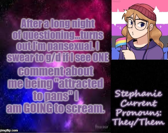 After a long night of questioning...turns out I'm pansexual. I swear to g/d if I see ONE; comment about me being "attracted to pans" I am GOING to scream. | image tagged in stephanie 2 0 | made w/ Imgflip meme maker