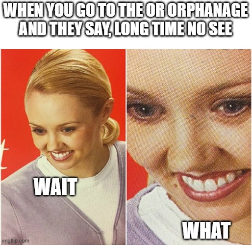 Orphanage | WHEN YOU GO TO THE OR ORPHANAGE AND THEY SAY, LONG TIME NO SEE; WAIT; WHAT | image tagged in wait what | made w/ Imgflip meme maker
