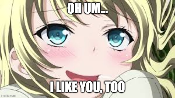 Blushing anime | OH UM... I LIKE YOU, TOO | image tagged in blushing anime | made w/ Imgflip meme maker