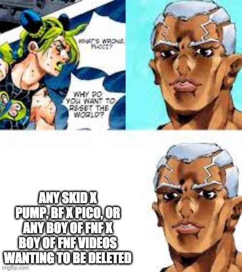 Why do you want to reset the world? | ANY SKID X PUMP, BF X PICO, OR ANY BOY OF FNF X BOY OF FNF VIDEOS WANTING TO BE DELETED | image tagged in why do you want to reset the world | made w/ Imgflip meme maker