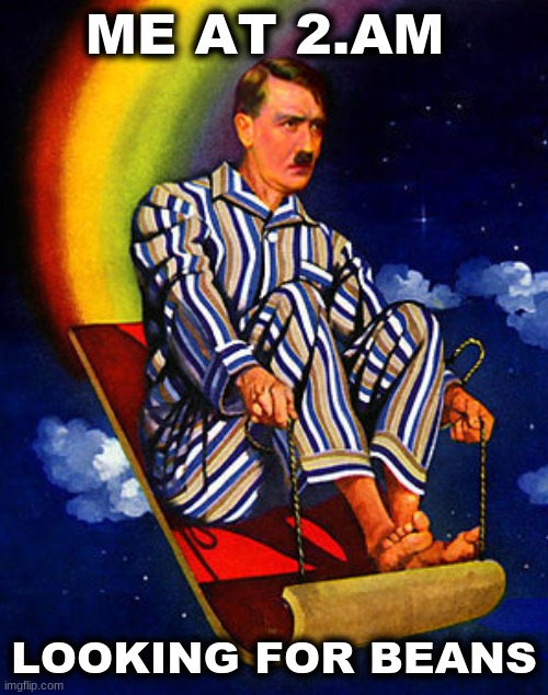 hitler rainbow slide cropped | ME AT 2.AM; LOOKING FOR BEANS | image tagged in hitler rainbow slide cropped | made w/ Imgflip meme maker