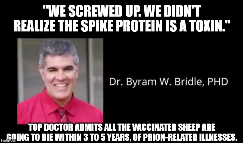 Oops... anti-vaxxers were right. Now you're dead. | "WE SCREWED UP. WE DIDN'T REALIZE THE SPIKE PROTEIN IS A TOXIN."; TOP DOCTOR ADMITS ALL THE VACCINATED SHEEP ARE GOING TO DIE WITHIN 3 TO 5 YEARS, OF PRION-RELATED ILLNESSES. | image tagged in vaccine,vaccination | made w/ Imgflip meme maker
