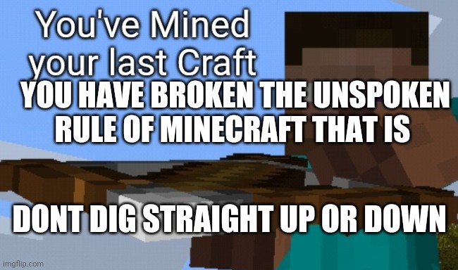 You've Mined your last Craft | DONT DIG STRAIGHT UP OR DOWN YOU HAVE BROKEN THE UNSPOKEN RULE OF MINECRAFT THAT IS | image tagged in you've mined your last craft | made w/ Imgflip meme maker