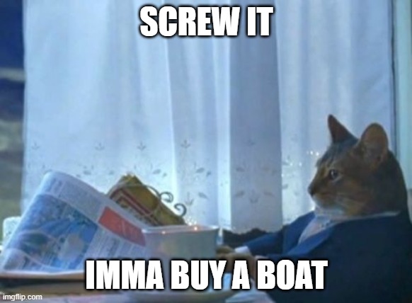 I SHOULD BUY A BOAT | SCREW IT; IMMA BUY A BOAT | image tagged in memes,i should buy a boat cat | made w/ Imgflip meme maker