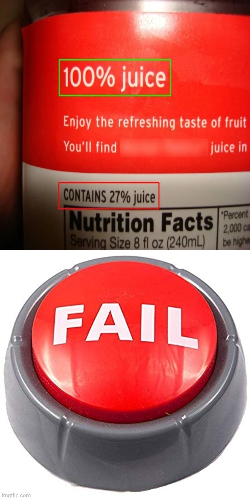 The irony: 100% juice, but it contains 27% juice | image tagged in fail red button,juice,you had one job,memes,meme,fail | made w/ Imgflip meme maker
