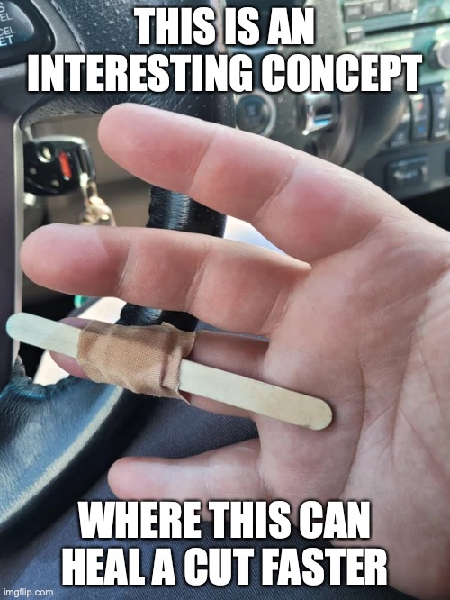 Popsicle Stick on Band-Aid | THIS IS AN INTERESTING CONCEPT; WHERE THIS CAN HEAL A CUT FASTER | image tagged in band-aid,memes | made w/ Imgflip meme maker