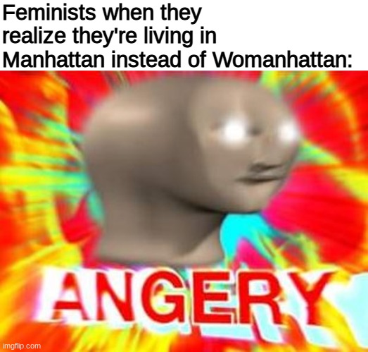 THIS CANNOT BE!!!!!! |  Feminists when they realize they're living in Manhattan instead of Womanhattan: | image tagged in surreal angery,funny,memes,funny memes,barney will eat all of your delectable biscuits,feminism | made w/ Imgflip meme maker