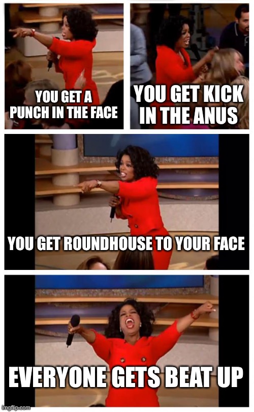 Oprah You Get A Car Everybody Gets A Car | YOU GET A PUNCH IN THE FACE; YOU GET KICK IN THE ANUS; YOU GET ROUNDHOUSE TO YOUR FACE; EVERYONE GETS BEAT UP | image tagged in memes,oprah you get a car everybody gets a car | made w/ Imgflip meme maker