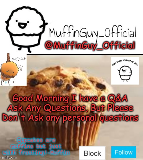 Gm | Good Morning I have a Q&A Ask Any Questions, But Please Don't Ask any personal questions | image tagged in muffinguy_official's template | made w/ Imgflip meme maker