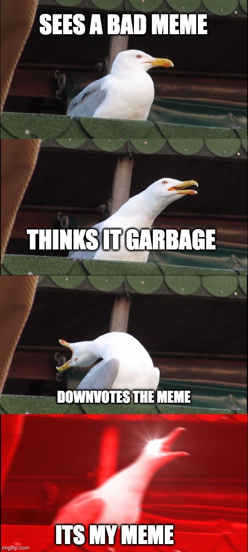 I cant make the front page | SEES A BAD MEME; THINKS IT GARBAGE; DOWNVOTES THE MEME; ITS MY MEME | image tagged in memes,inhaling seagull | made w/ Imgflip meme maker