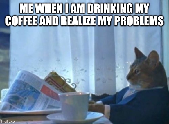 I Should Buy A Boat Cat | ME WHEN I AM DRINKING MY COFFEE AND REALIZE MY PROBLEMS | image tagged in memes,i should buy a boat cat | made w/ Imgflip meme maker