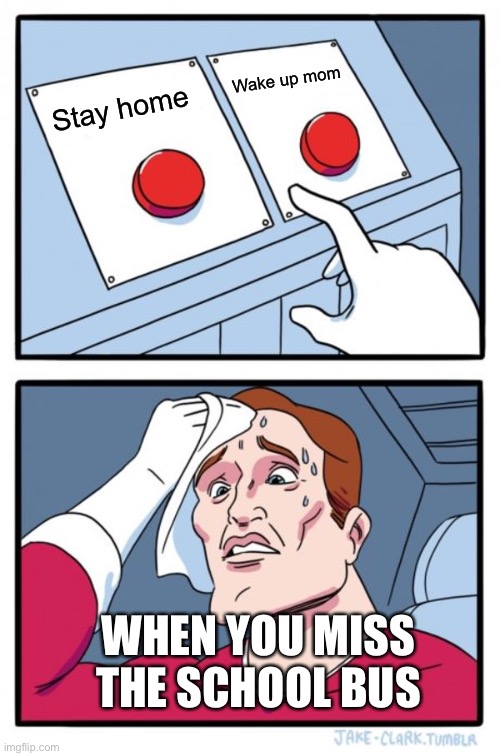 Only strict and mexican households understand this | Wake up mom; Stay home; WHEN YOU MISS THE SCHOOL BUS | image tagged in memes,two buttons | made w/ Imgflip meme maker