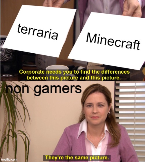 gamer meme | terraria; Minecraft; non gamers | image tagged in memes,they're the same picture | made w/ Imgflip meme maker