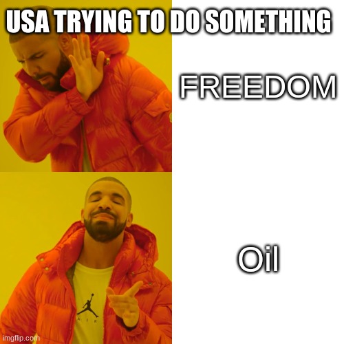oil | USA TRYING TO DO SOMETHING; FREEDOM; Oil | image tagged in memes,drake hotline bling | made w/ Imgflip meme maker