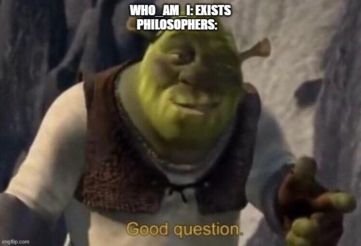 Shrek good question | WHO_AM_I: EXISTS; PHILOSOPHERS: | image tagged in shrek good question | made w/ Imgflip meme maker