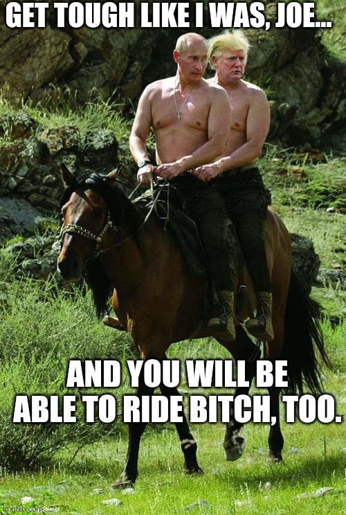 Donald Trump Vladamir Putin | GET TOUGH LIKE I WAS, JOE... AND YOU WILL BE ABLE TO RIDE BITCH, TOO. | image tagged in donald trump vladamir putin | made w/ Imgflip meme maker