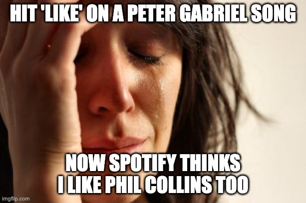 First World Problems Meme | HIT 'LIKE' ON A PETER GABRIEL SONG; NOW SPOTIFY THINKS I LIKE PHIL COLLINS TOO | image tagged in memes,first world problems | made w/ Imgflip meme maker