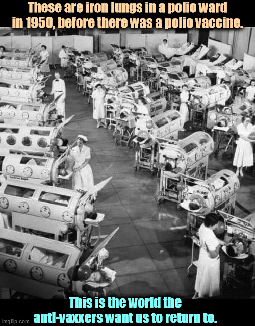 Anti-vaxxers take note. | These are iron lungs in a polio ward in 1950, before there was a polio vaccine. This is the world the anti-vaxxers want us to return to. | image tagged in iron lungs in a polio ward 1950 before polio vaccinations,vaccines,anti-vaxx,idiots | made w/ Imgflip meme maker