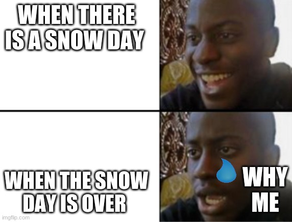 Oh yeah! Oh no... | WHEN THERE IS A SNOW DAY; WHEN THE SNOW DAY IS OVER; WHY ME | image tagged in oh yeah oh no | made w/ Imgflip meme maker