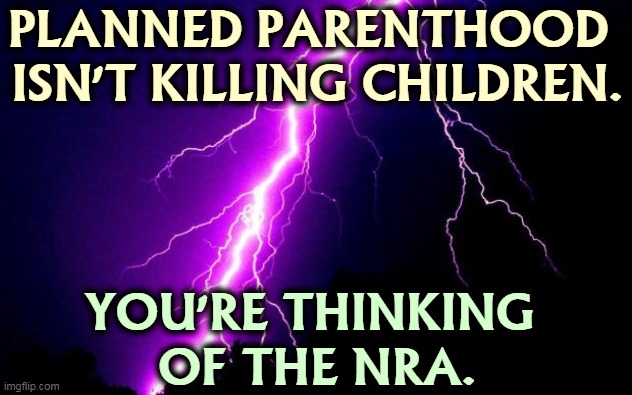 Truth. | PLANNED PARENTHOOD 
ISN'T KILLING CHILDREN. YOU'RE THINKING 
OF THE NRA. | image tagged in lightning,planned parenthood,nra,guns,kill,children | made w/ Imgflip meme maker