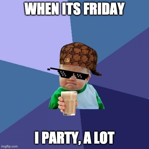 What every person does on a friday | WHEN ITS FRIDAY; I PARTY, A LOT | image tagged in memes,success kid | made w/ Imgflip meme maker