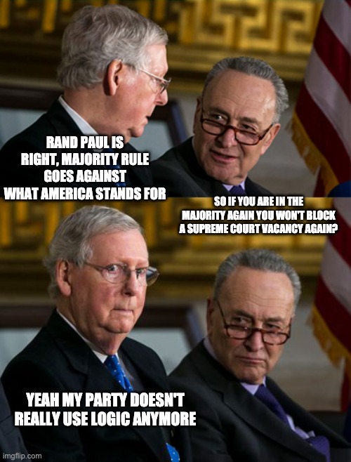 Republican Majority Rule Logic | RAND PAUL IS RIGHT, MAJORITY RULE GOES AGAINST WHAT AMERICA STANDS FOR; SO IF YOU ARE IN THE MAJORITY AGAIN YOU WON'T BLOCK A SUPREME COURT VACANCY AGAIN? YEAH MY PARTY DOESN'T REALLY USE LOGIC ANYMORE | image tagged in mitch and chuck | made w/ Imgflip meme maker