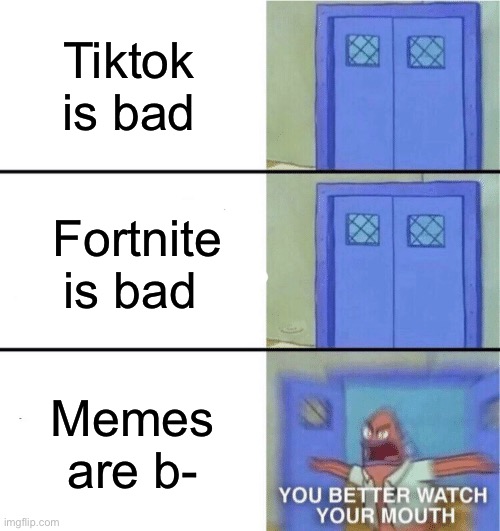 You better watch your mouth | Tiktok is bad; Fortnite is bad; Memes are b- | image tagged in you better watch your mouth | made w/ Imgflip meme maker