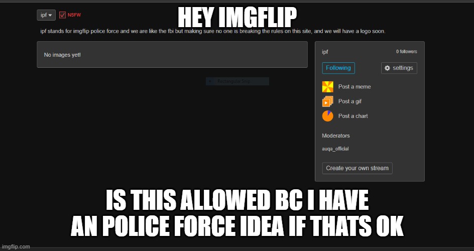 this is an idea and i hope this is allowed | HEY IMGFLIP; IS THIS ALLOWED BC I HAVE AN POLICE FORCE IDEA IF THATS OK | image tagged in ipf | made w/ Imgflip meme maker