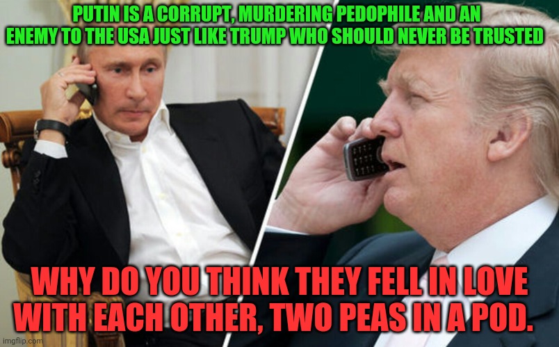 Putin/Trump phone call | PUTIN IS A CORRUPT, MURDERING PEDOPHILE AND AN ENEMY TO THE USA JUST LIKE TRUMP WHO SHOULD NEVER BE TRUSTED; WHY DO YOU THINK THEY FELL IN LOVE WITH EACH OTHER, TWO PEAS IN A POD. | image tagged in putin/trump phone call | made w/ Imgflip meme maker