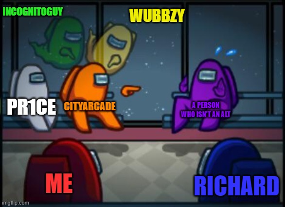 True | INCOGNITOGUY; WUBBZY; PR1CE; CITYARCADE; A PERSON WHO ISN'T AN ALT; ME; RICHARD | image tagged in among us blame | made w/ Imgflip meme maker