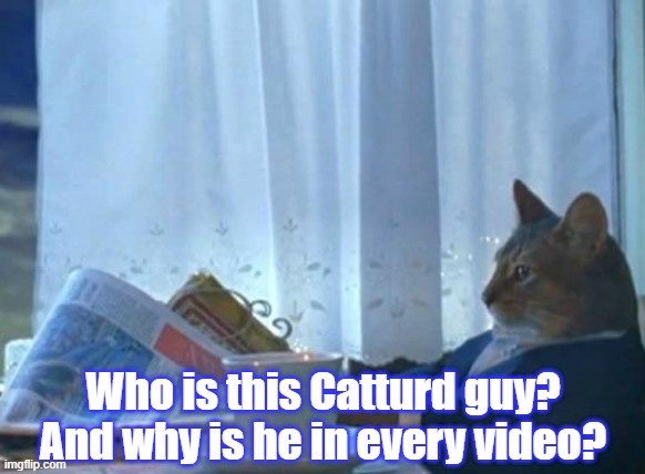 Cat thinks Catturd | Who is this Catturd guy?
And why is he in every video? | image tagged in cat newspaper,catturd,cat,wtf | made w/ Imgflip meme maker
