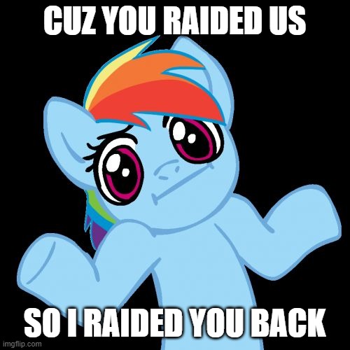 Pony Shrugs Meme | CUZ YOU RAIDED US SO I RAIDED YOU BACK | image tagged in memes,pony shrugs | made w/ Imgflip meme maker