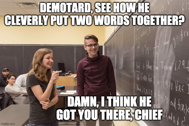 DEMOTARD, SEE HOW HE CLEVERLY PUT TWO WORDS TOGETHER? DAMN, I THINK HE GOT YOU THERE, CHIEF | made w/ Imgflip meme maker