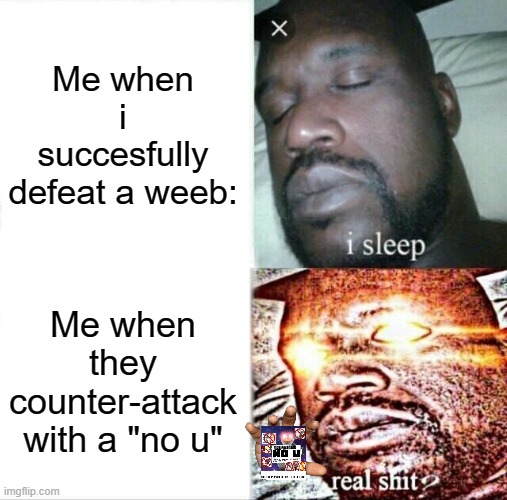Note: The down image is me about to counter-counter attack them with an infinite no u card. | Me when i succesfully defeat a weeb:; Me when they counter-attack with a "no u" | image tagged in memes,sleeping shaq | made w/ Imgflip meme maker