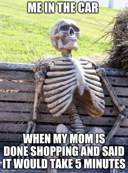 Waiting Skeleton Meme | ME IN THE CAR; WHEN MY MOM IS DONE SHOPPING AND SAID IT WOULD TAKE 5 MINUTES | image tagged in memes,waiting skeleton | made w/ Imgflip meme maker