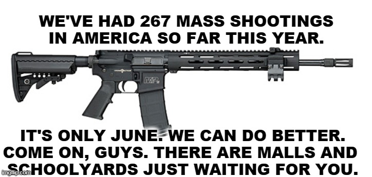 Caution: sarcasm ahead. | WE'VE HAD 267 MASS SHOOTINGS IN AMERICA SO FAR THIS YEAR. IT'S ONLY JUNE. WE CAN DO BETTER.
COME ON, GUYS. THERE ARE MALLS AND 
SCHOOLYARDS JUST WAITING FOR YOU. | image tagged in s w assault rifle,assault weapons,assault rifle,mass shooting | made w/ Imgflip meme maker
