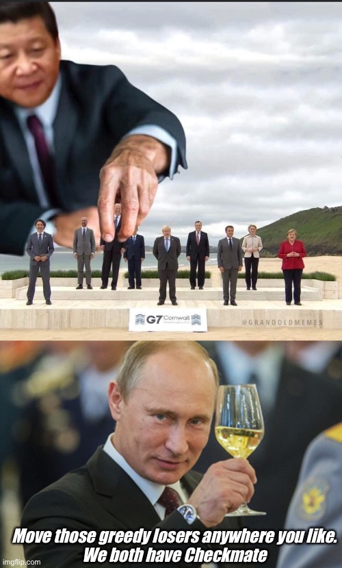 Big guy pawn | Move those greedy losers anywhere you like. 
We both have Checkmate | image tagged in putin cheers,funny memes,g7,politics lol,politicians suck | made w/ Imgflip meme maker