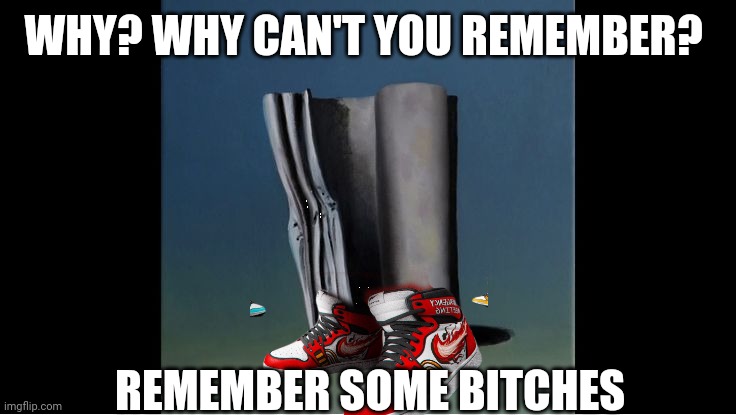 Why can't you remember? | WHY? WHY CAN'T YOU REMEMBER? REMEMBER SOME BITCHES | image tagged in everywhere at the end of time,it's a joke | made w/ Imgflip meme maker