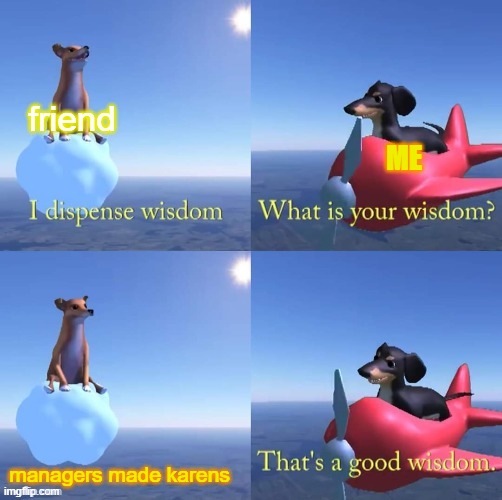 Wisdom dog | friend; ME; managers made karens | image tagged in wisdom dog | made w/ Imgflip meme maker
