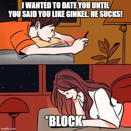 date meme | I WANTED TO DATE YOU UNTIL YOU SAID YOU LIKE GINKEL. HE SUCKS! *BLOCK* | image tagged in boy and girl texting | made w/ Imgflip meme maker