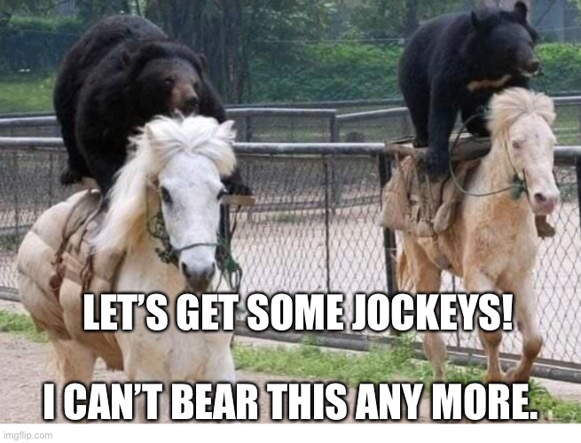 Grin and bear it | LET’S GET SOME JOCKEYS! I CAN’T BEAR THIS ANY MORE. | image tagged in funny memes | made w/ Imgflip meme maker