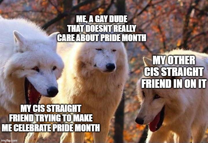 its just another month to me | ME, A GAY DUDE THAT DOESNT REALLY CARE ABOUT PRIDE MONTH; MY OTHER CIS STRAIGHT FRIEND IN ON IT; MY CIS STRAIGHT FRIEND TRYING TO MAKE ME CELEBRATE PRIDE MONTH | image tagged in laughing wolf | made w/ Imgflip meme maker