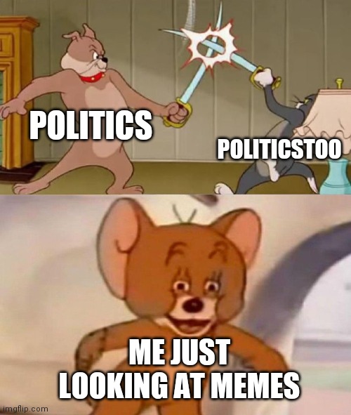 Tom and Jerry swordfight | POLITICS; POLITICSTOO; ME JUST LOOKING AT MEMES | image tagged in tom and jerry swordfight,politics,funny memes,memes,lol | made w/ Imgflip meme maker