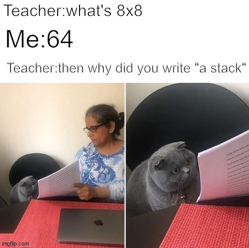A stack | Teacher:what's 8x8; Me:64; Teacher:then why did you write "a stack" | image tagged in woman showing paper to cat | made w/ Imgflip meme maker