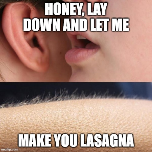 pillow talk | HONEY, LAY DOWN AND LET ME; MAKE YOU LASAGNA | image tagged in whisper and goosebumps | made w/ Imgflip meme maker