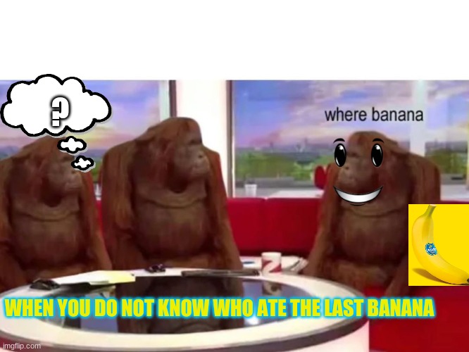 Monkey where | ? WHEN YOU DO NOT KNOW WHO ATE THE LAST BANANA | image tagged in monkey where | made w/ Imgflip meme maker