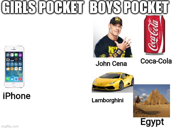 Girls pockets vs boys pockets |  GIRLS POCKET; BOYS POCKET; John Cena; Coca-Cola; iPhone; Lamborghini; Egypt | image tagged in john cena,lamborghini,memes,boys vs girls,iphone,coca cola | made w/ Imgflip meme maker
