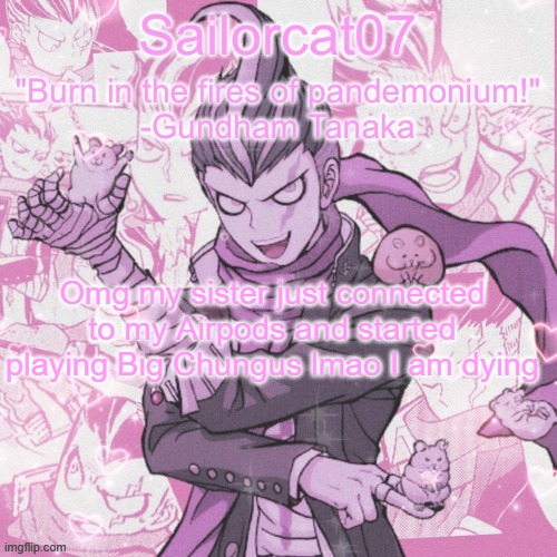 Sailorcat's Gundham temp | Omg my sister just connected to my Airpods and started playing Big Chungus lmao I am dying | image tagged in sailorcat's gundham temp | made w/ Imgflip meme maker