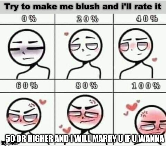 NOT NSFW | 50 OR HIGHER AND I WILL MARRY U IF U WANNA | image tagged in blush | made w/ Imgflip meme maker